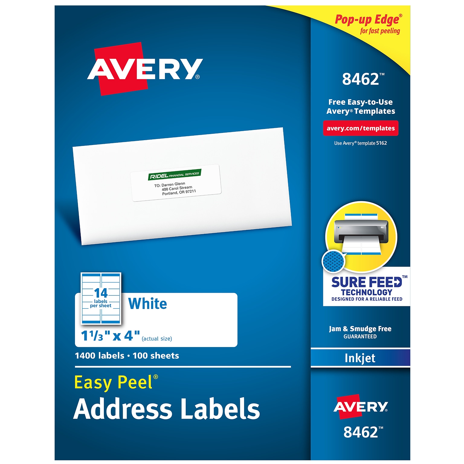 Avery Easy Peel Inkjet Address Labels, 1-1/3 x 4, White, 14 Labels/Sheet, 100 Sheets/Box (8462)
