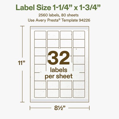 Avery Hemp Rectangle Laser/Inkjet Multipurpose Labels, 1-1/4" x 1-3/4", Off-White (2560/Box)