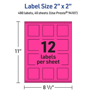 Avery Laser/Inkjet Square Multipurpose Labels, 2" x 2", Neon Magenta, 480/Pack (94107)