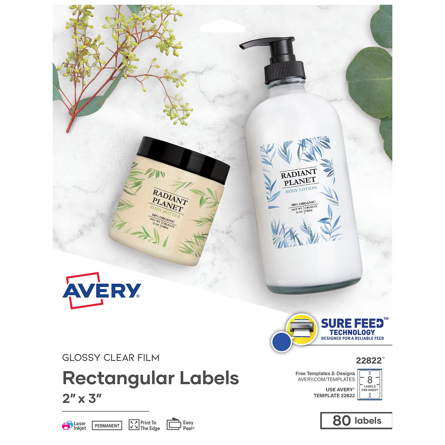 Avery Print-to-the-Edge Laser/Inkjet Labels, 2 x 3, Glossy Clear, 8 Labels/Sheet, 10 Sheets/Pack, 80 Labels/Pack (22822)