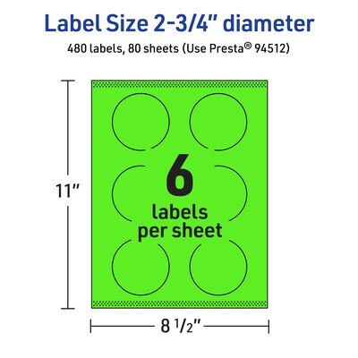 Avery Circle Multipurpose Labels, 2.75" Dia., Neon Green, 480/Box (94512)