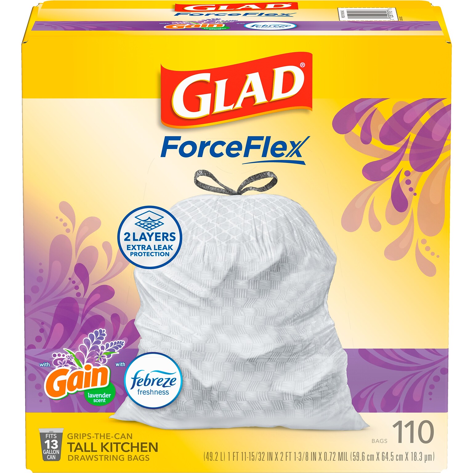 Glad ForceFlex Tall Kitchen Drawstring Trash Bags, 13 Gallon, Gain Lavender with Febreze Freshness, 110 Count (79157)