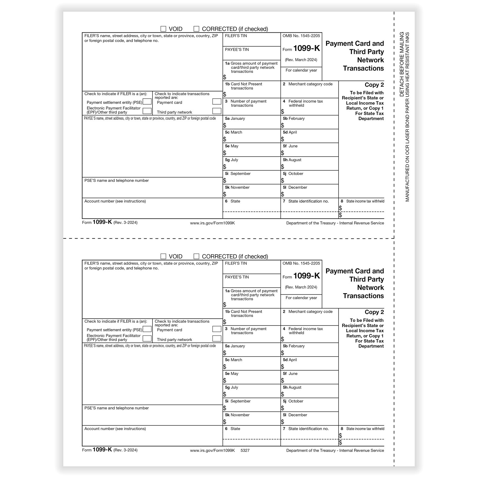 ComplyRight 2025 1099-K Tax Form, 1-Part, 2-Up, Copy C, 50/Pack (532725)