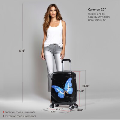 InUSA 20" Hardside Butterfly Carry-On Suitcase, 4-Wheeled Spinner, TSA Checkpoint Friendly, Black Butterfly (IUAPC00S-BBU)