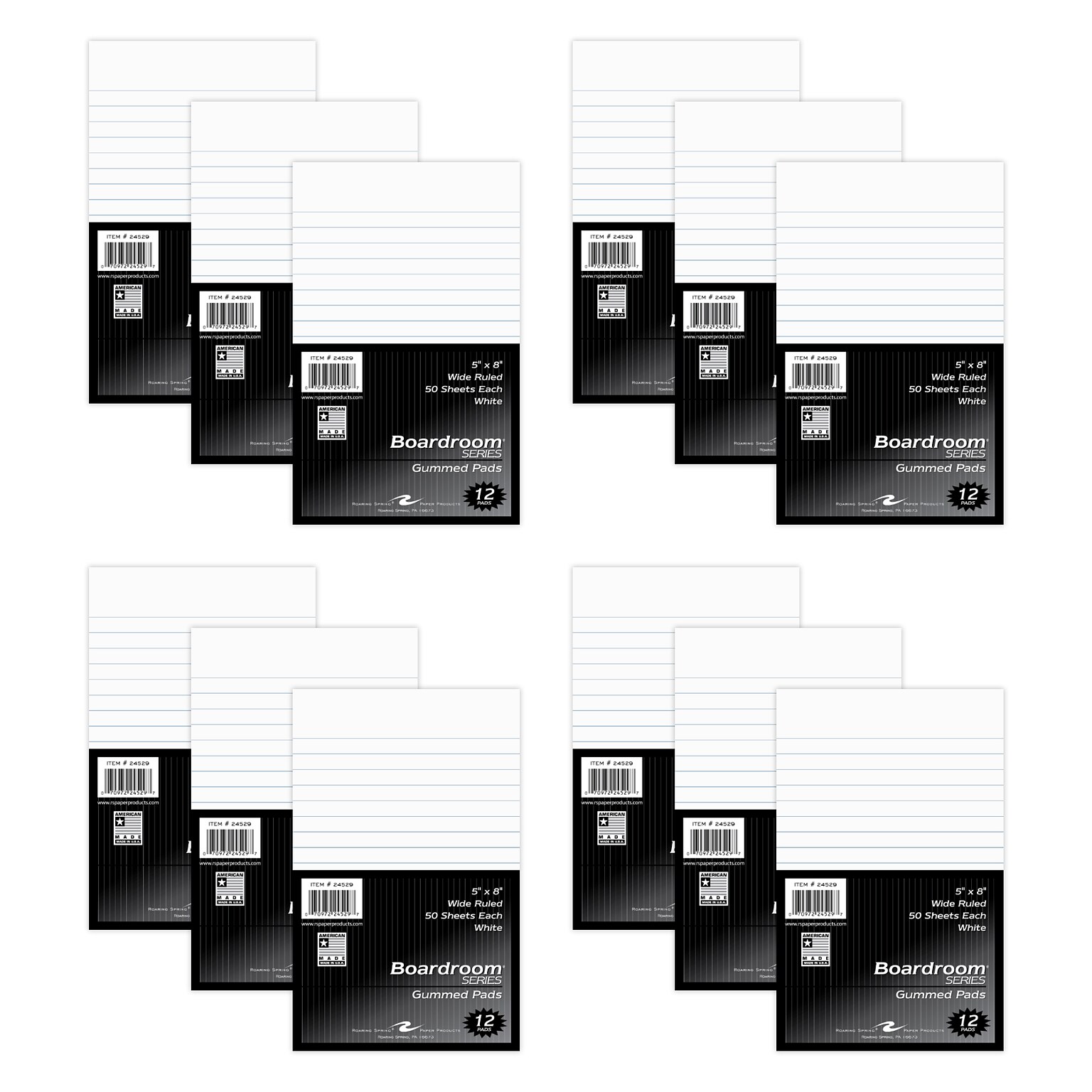 Roaring Spring Paper Products Boardroom Series Notepad, 5 x 8, Wide Ruled, White, 50 Sheets/Pad, 144 Pads/Carton (24529CS)