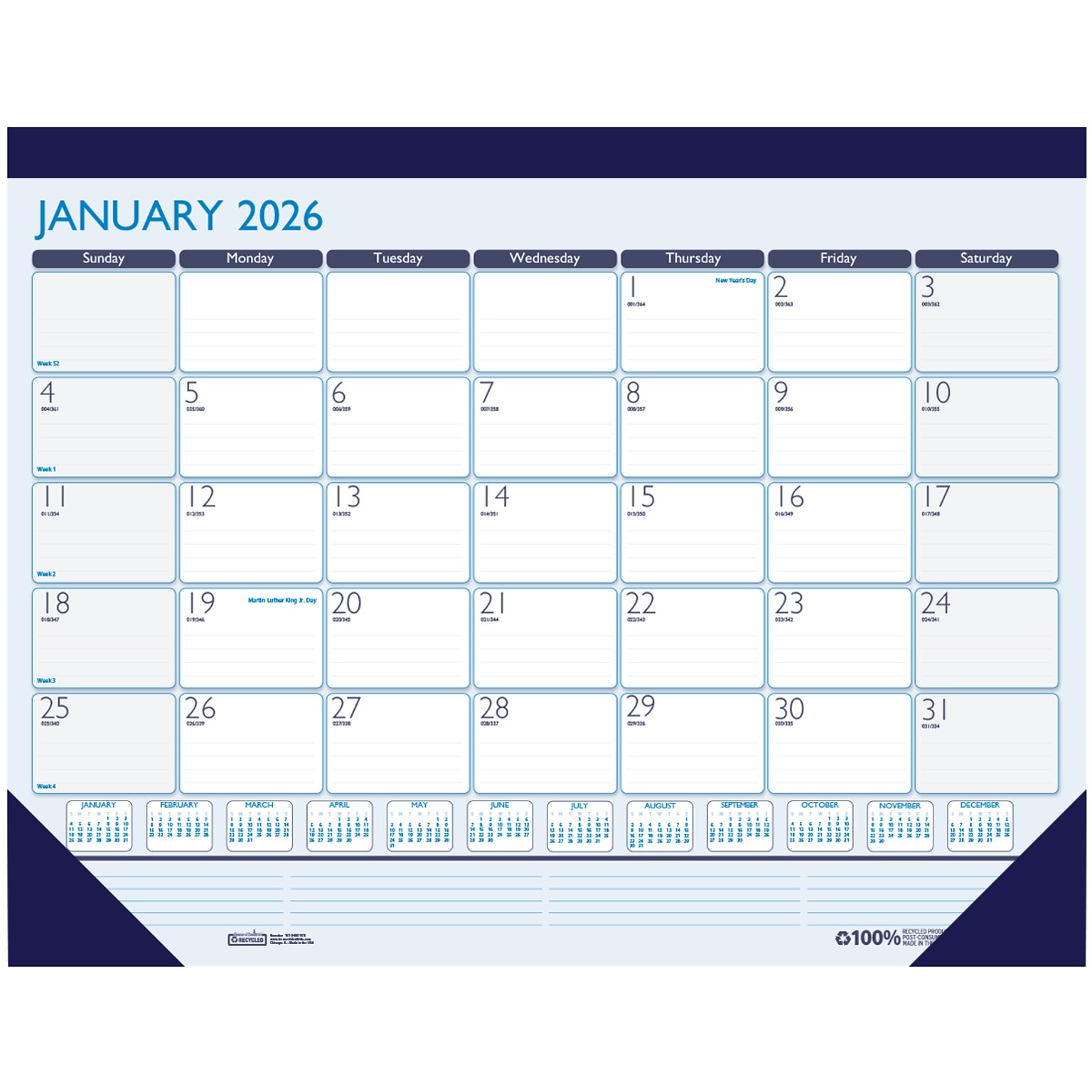 2026 House of Doolittle Contempo 22 x 17 Monthly Desk Pad Calendar, Blue (151-26)