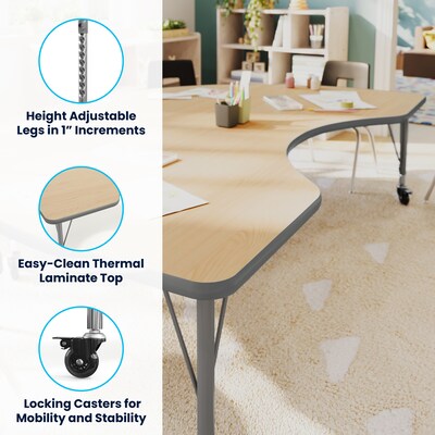 Flash Furniture Wren Kidney Activity Table, 72" x 48", Height Adjustable, Light Natural Top/Silver Frame (XUA4872KDLNTPC)