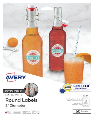 Avery Dissolvable Round Labels, 2 Diameter, White, Pack of 60 (4227)