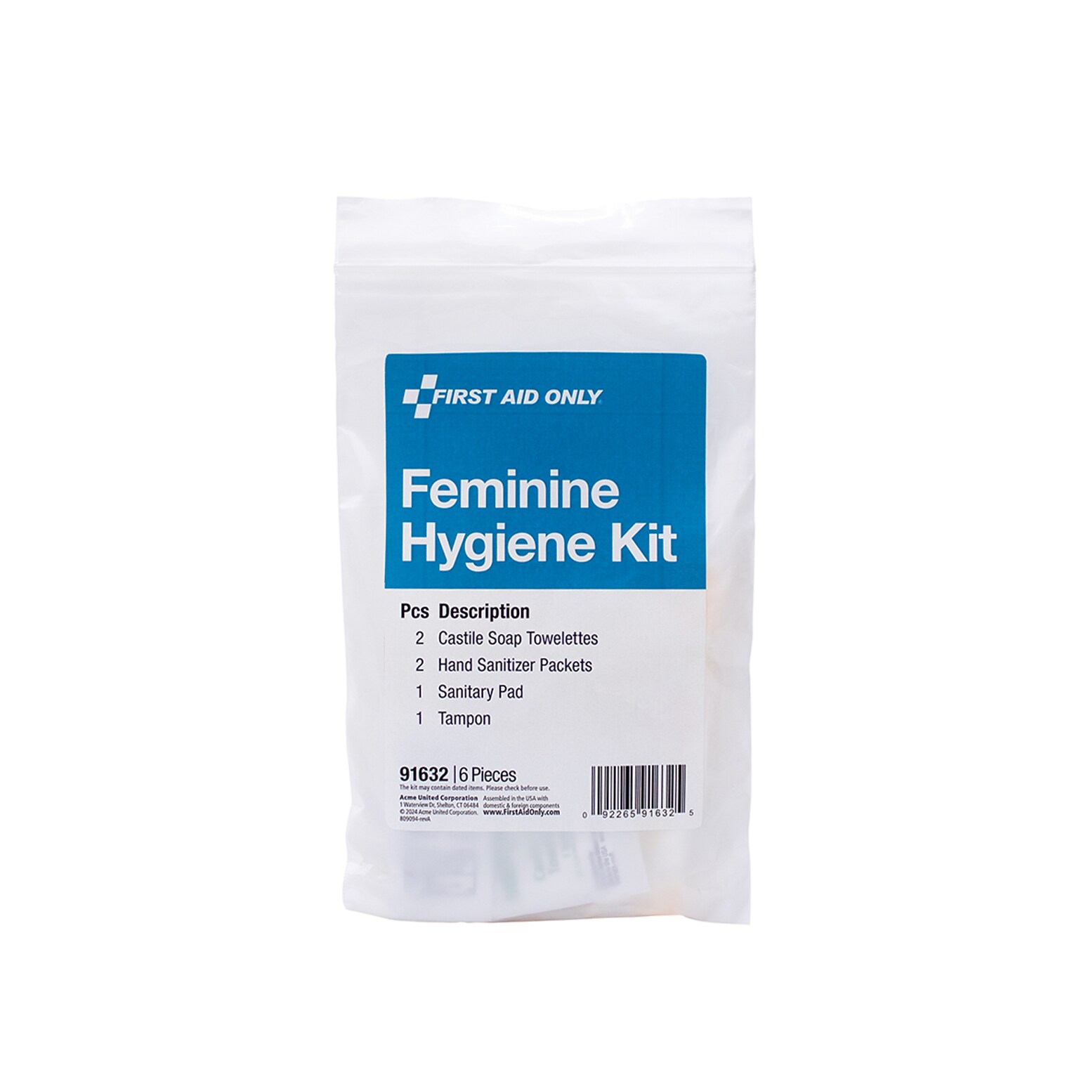 First Aid Only Feminine Hygiene Kit, 6 Pieces, 12/Box (91632)