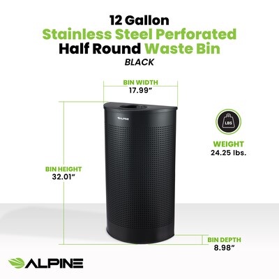 Alpine Industries Stainless Steel Trash Can, 12 Gallon, Black (ALP438-12HR-BLK)