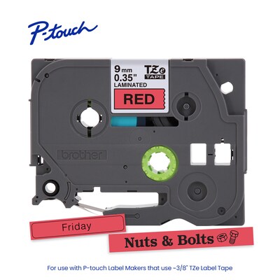 Brother P-touch Laminated Label Tape, ~3/8" x 26.2', Black on Red (TZe421)