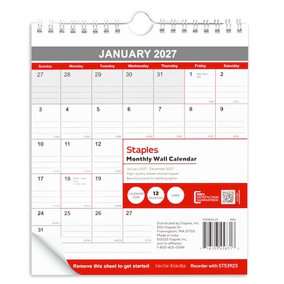 2027 Staples 6.5 x 7.5 Monthly Wall Calendar, White/Red/Gray (ST53923-27)