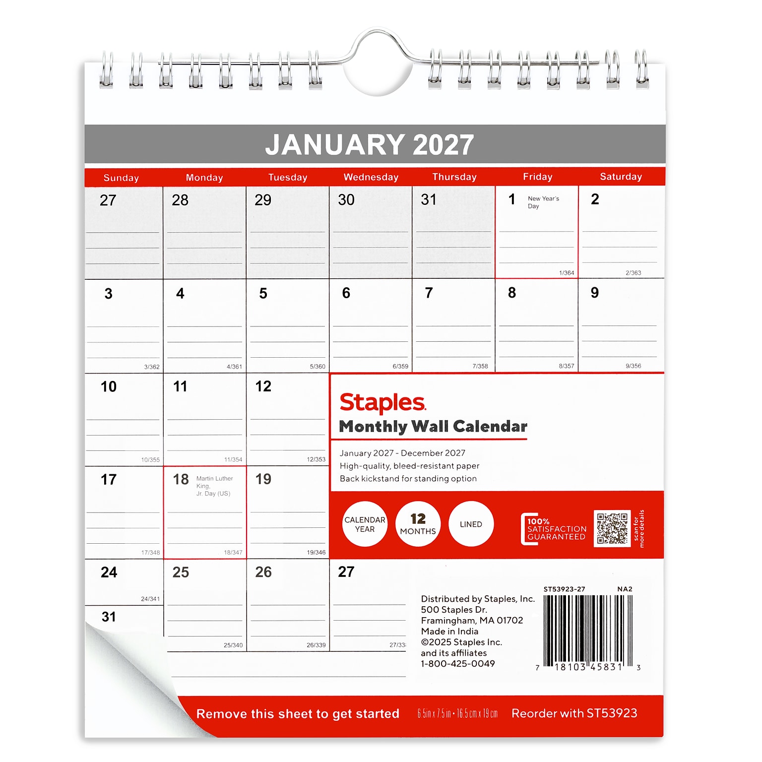 2027 Staples 6.5 x 7.5 Monthly Wall Calendar, White/Red/Gray (ST53923-27)