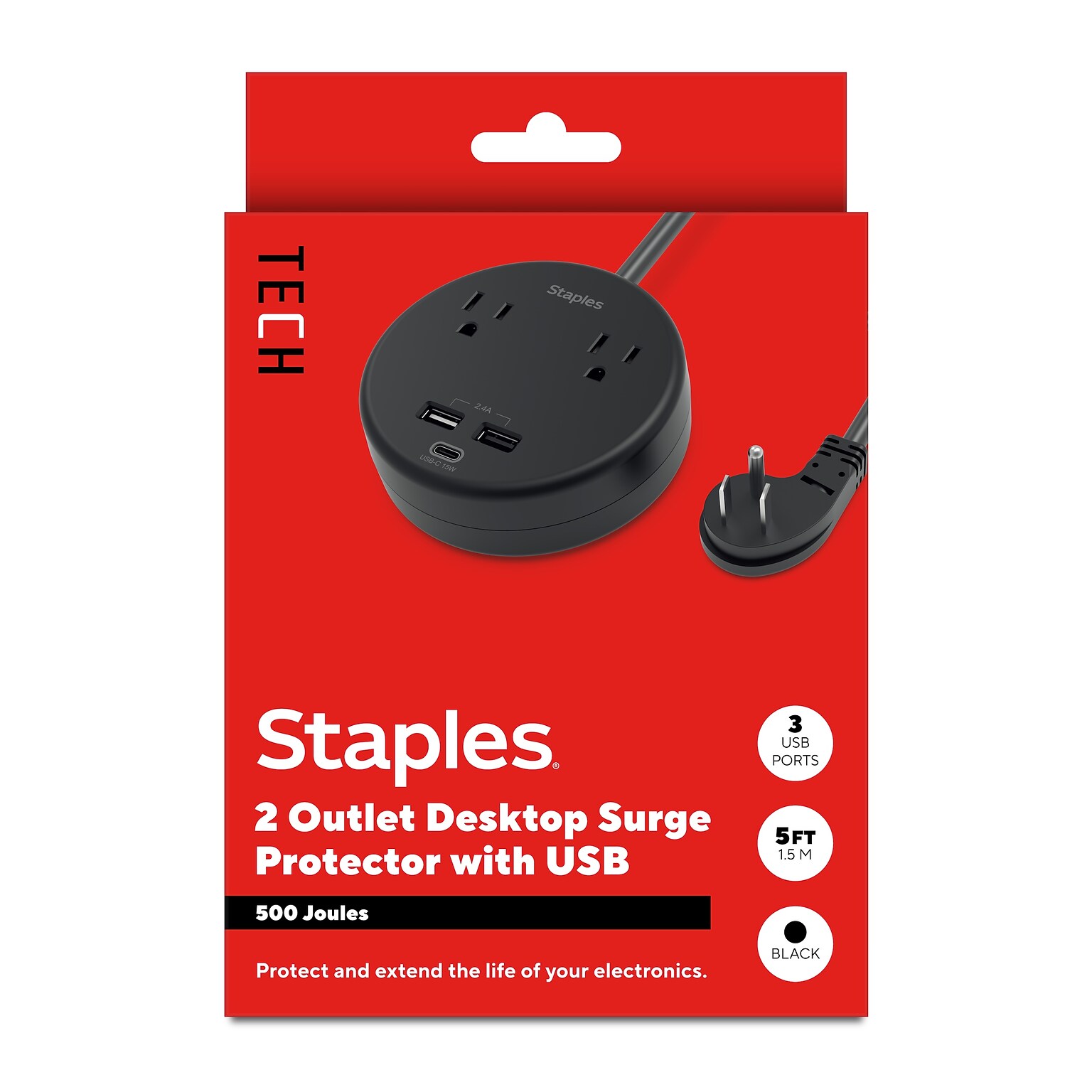 Staples TECH 2-Outlet 3-USB Port Surge Protector, 5, 500 Joules, Black (ST62772)