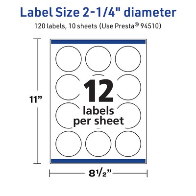 Avery TrueBlock Laser/Inkjet Circle Multipurpose Labels, 2.25" Dia., White, 120/Pack (94510)