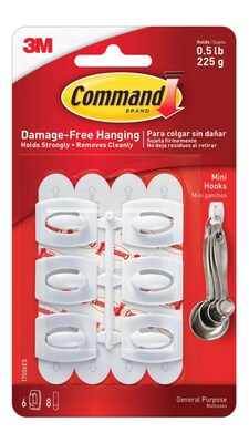 Command Mini Hooks, 0.5 lb., White, 6/Pack (17006ES)