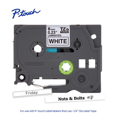 Brother P-touch TZe Laminated Label Tape, 0.35" x 26.2', White (TZE221G)