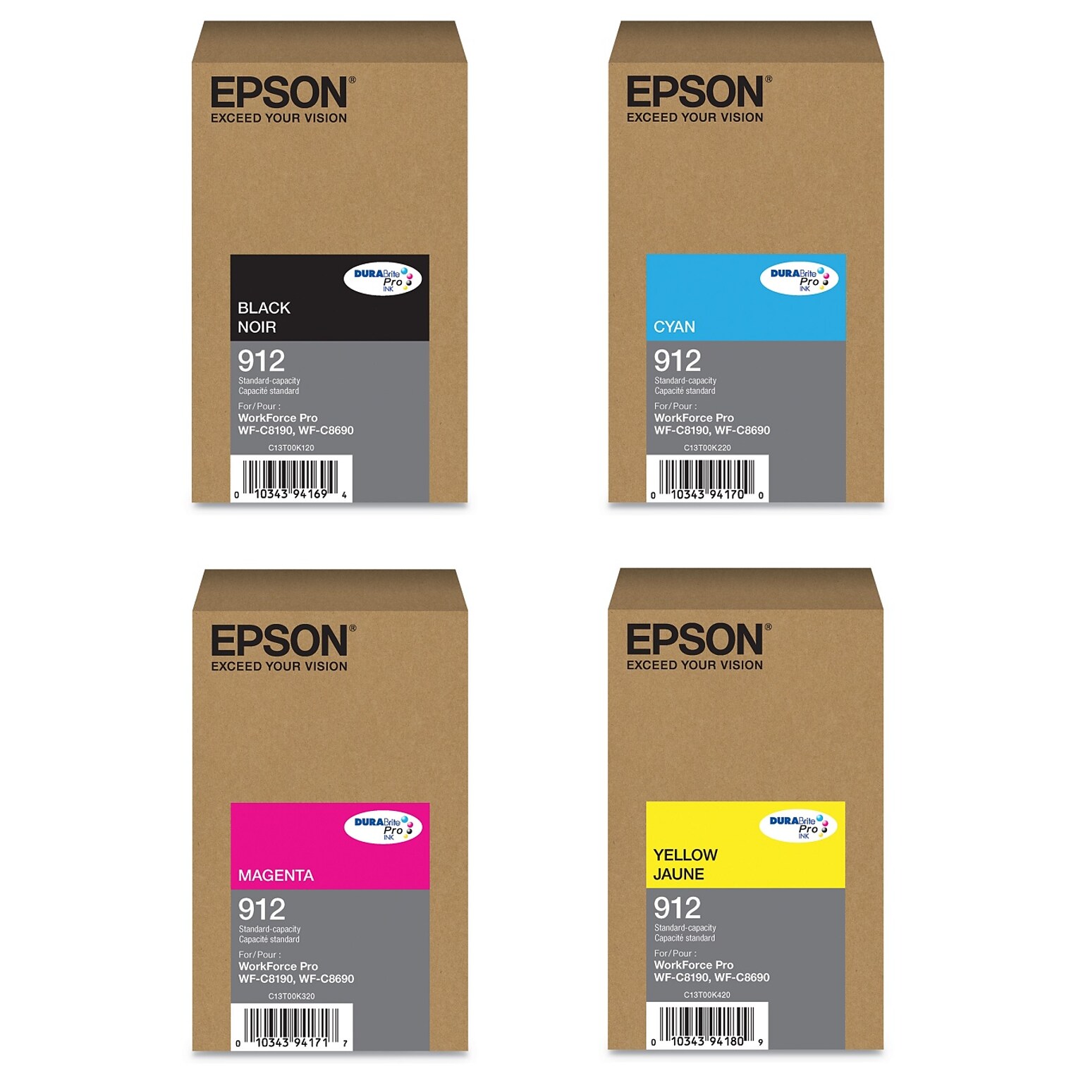 Epson T912 Black/Cyan/Magenta/Yellow Standard Yield Ink Cartridge, 4/Pack