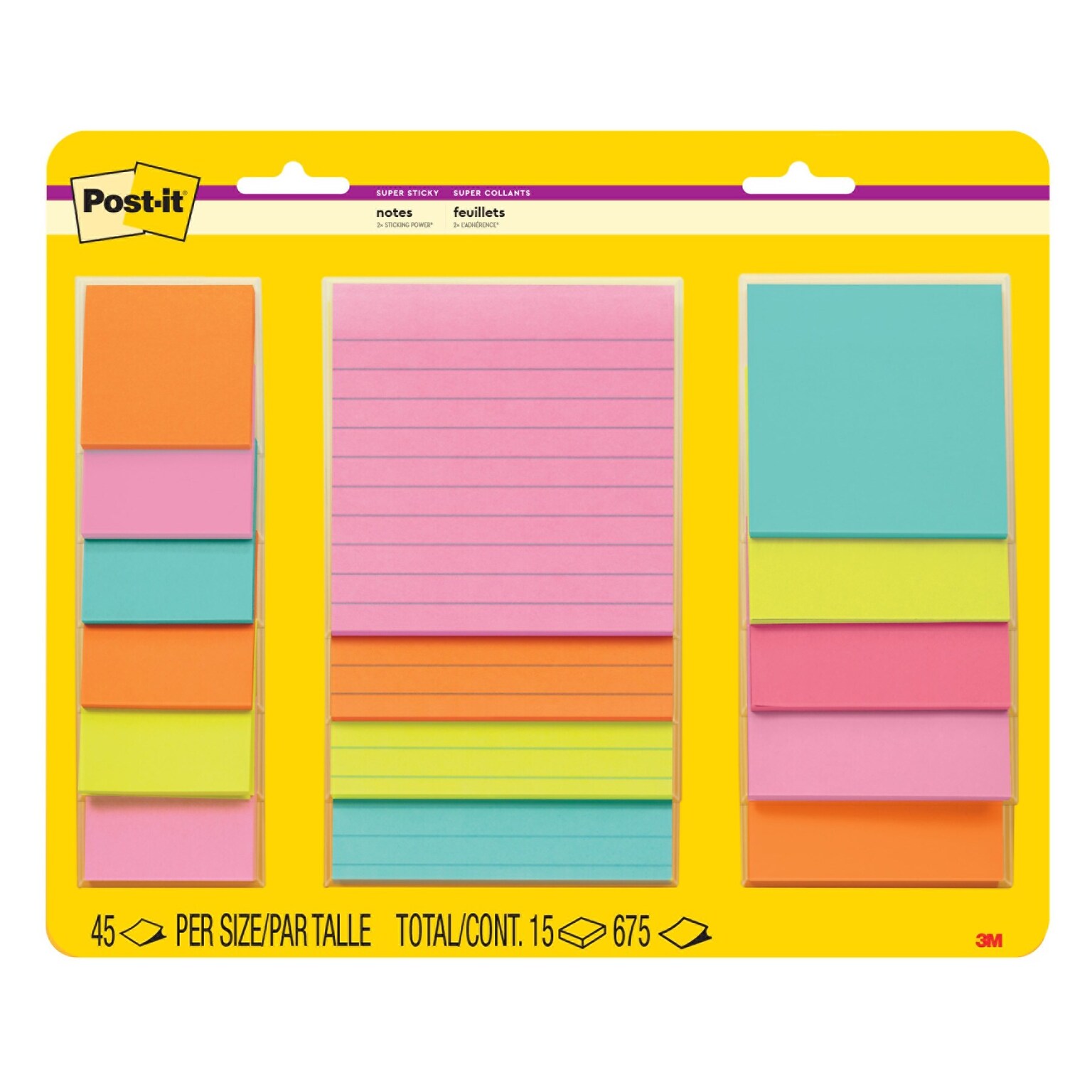 Post-it Super Sticky Notes, Supernova Neons Collection, 45 Sheets/Pad, 15 Pads/Pack (4423-15SSMIA)