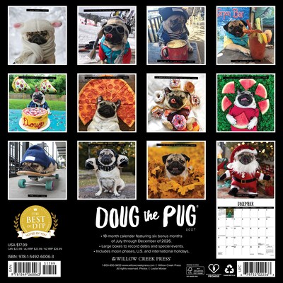 2027 Willow Creek Doug the Pug  12 x 12 Monthly Wall Calendar (60063)