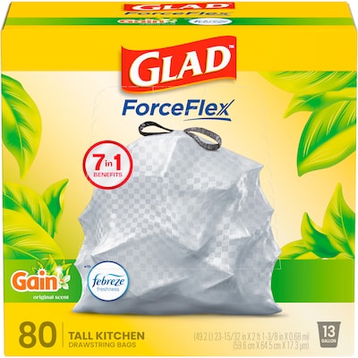 Glad ForceFlex Tall 13 Gallon Drawstring Kitchen Trash Bag, Gain Original with Febreze Freshness, White, 80 Total Bags (78750)