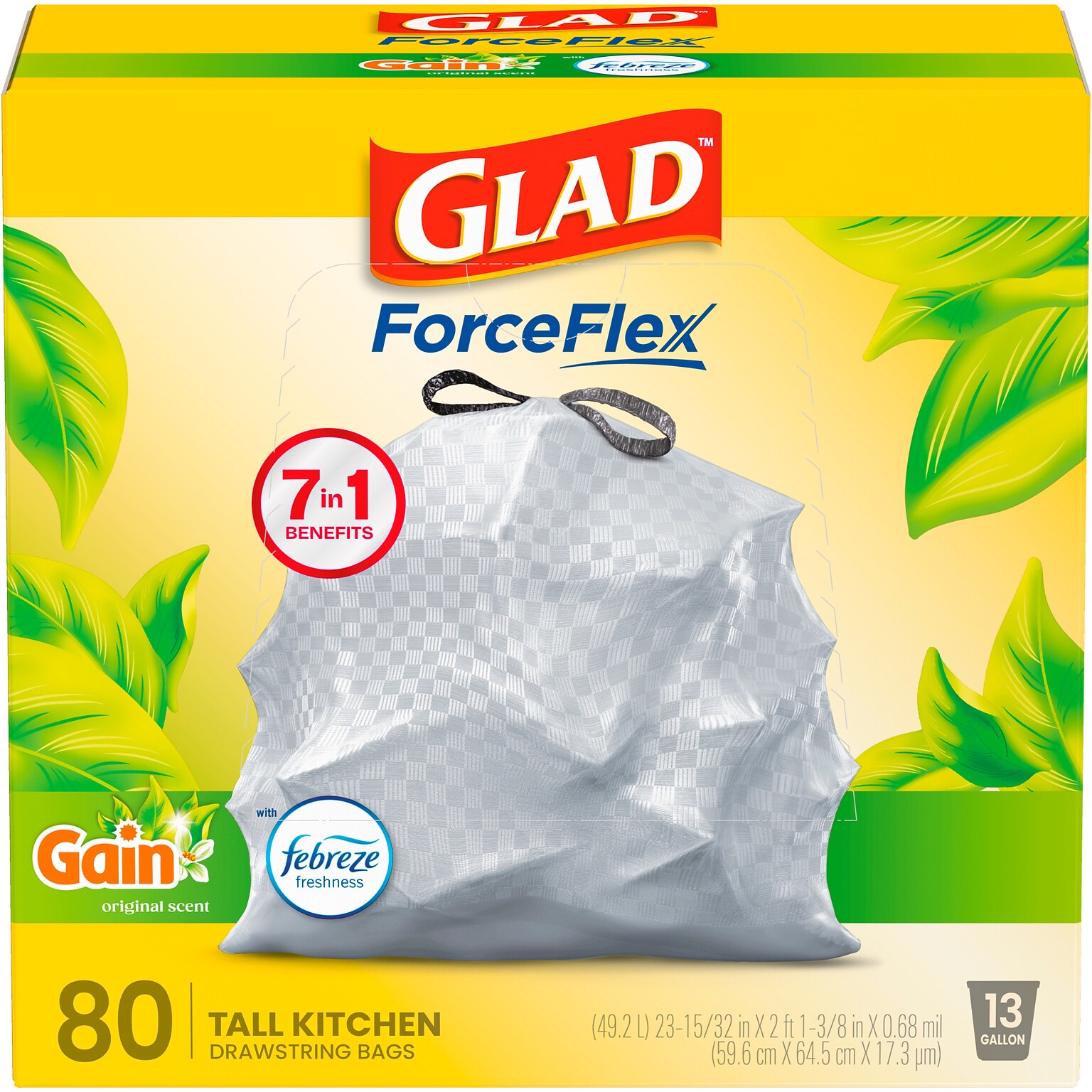 Glad ForceFlex Tall 13 Gallon Drawstring Kitchen Trash Bag, Gain Original with Febreze Freshness, White, 80 Total Bags (78750)