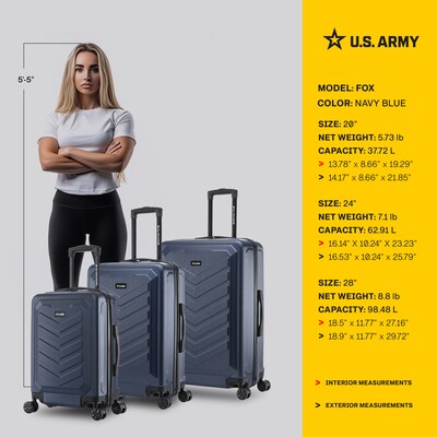 US Army FOX 3-Piece Hardside Spinner Carry-On Luggage Set, TSA Checkpoint Friendly, Navy Blue (USLFOXSML-BLU)