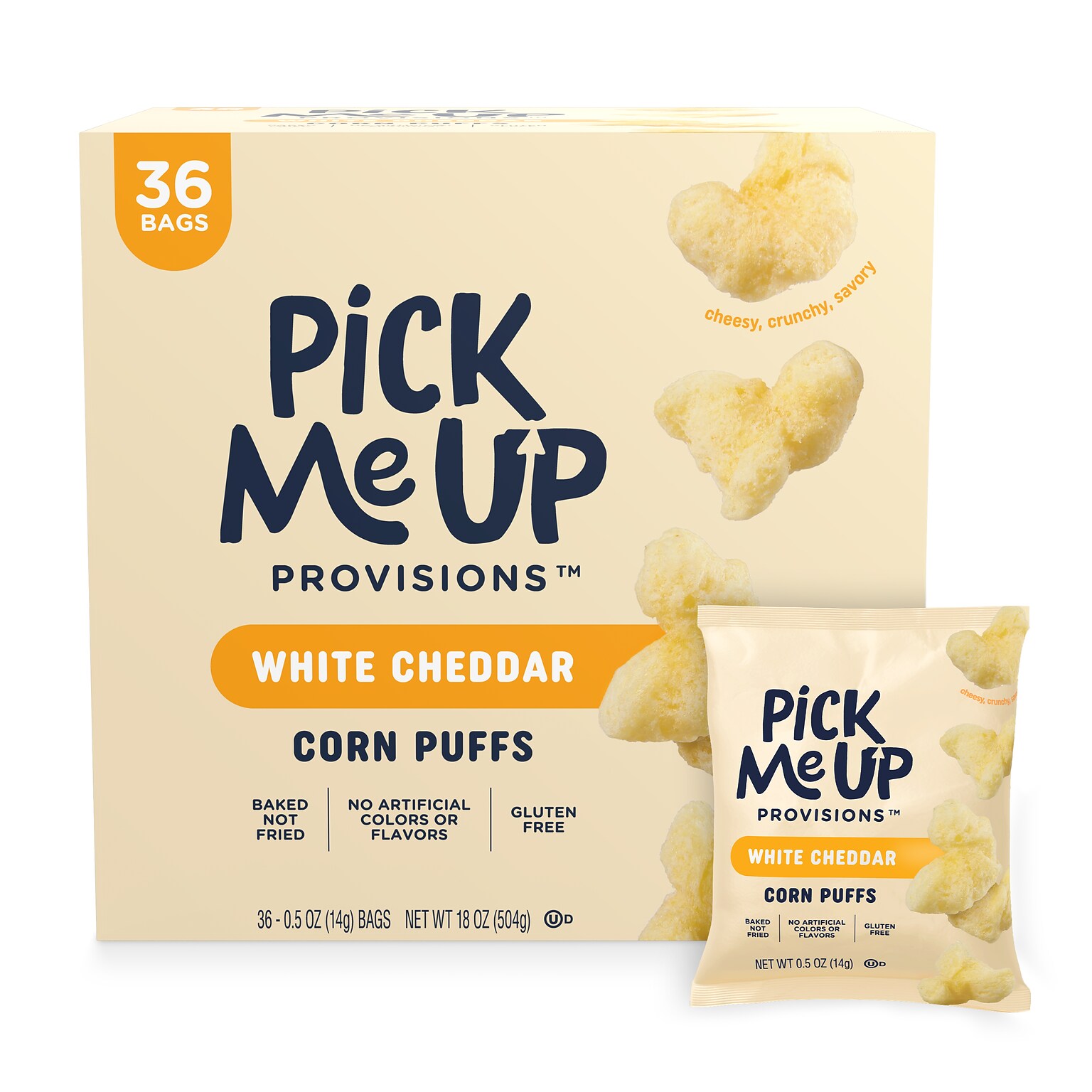Pick Me Up Provisions™ Gluten Free White Cheddar Corn Puffs, 0.5 oz., 36/Box (PM63575)