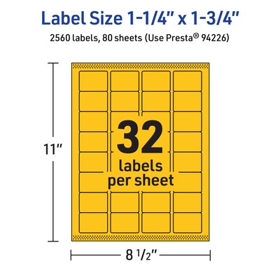 Avery Laser/Inkjet Rectangle Multipurpose Labels, 1.25" x 1.75", Bright Yellow, 2560/Box (94226)