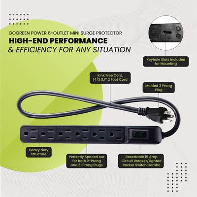 GoGreen Power 6 Outlet Mini Surge Protector, 2' cord, Black (GG-16103MINBK)