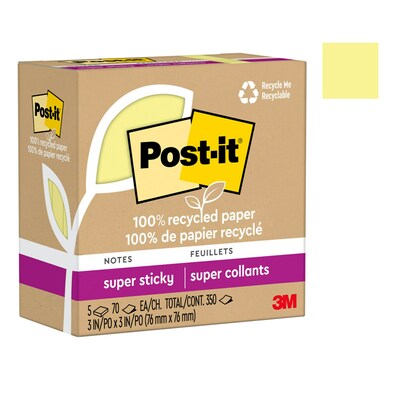 Post-it Recycled Super Sticky Notes, 3" x 3", Canary Collection, 70 Sheet/Pad, 5 Pads/Pack (654R-5SSCY)