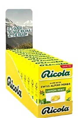 Ricola Sugar Free Herbal Throat Drop Lozenge, Lemon Mint, 18/Box (3000421)