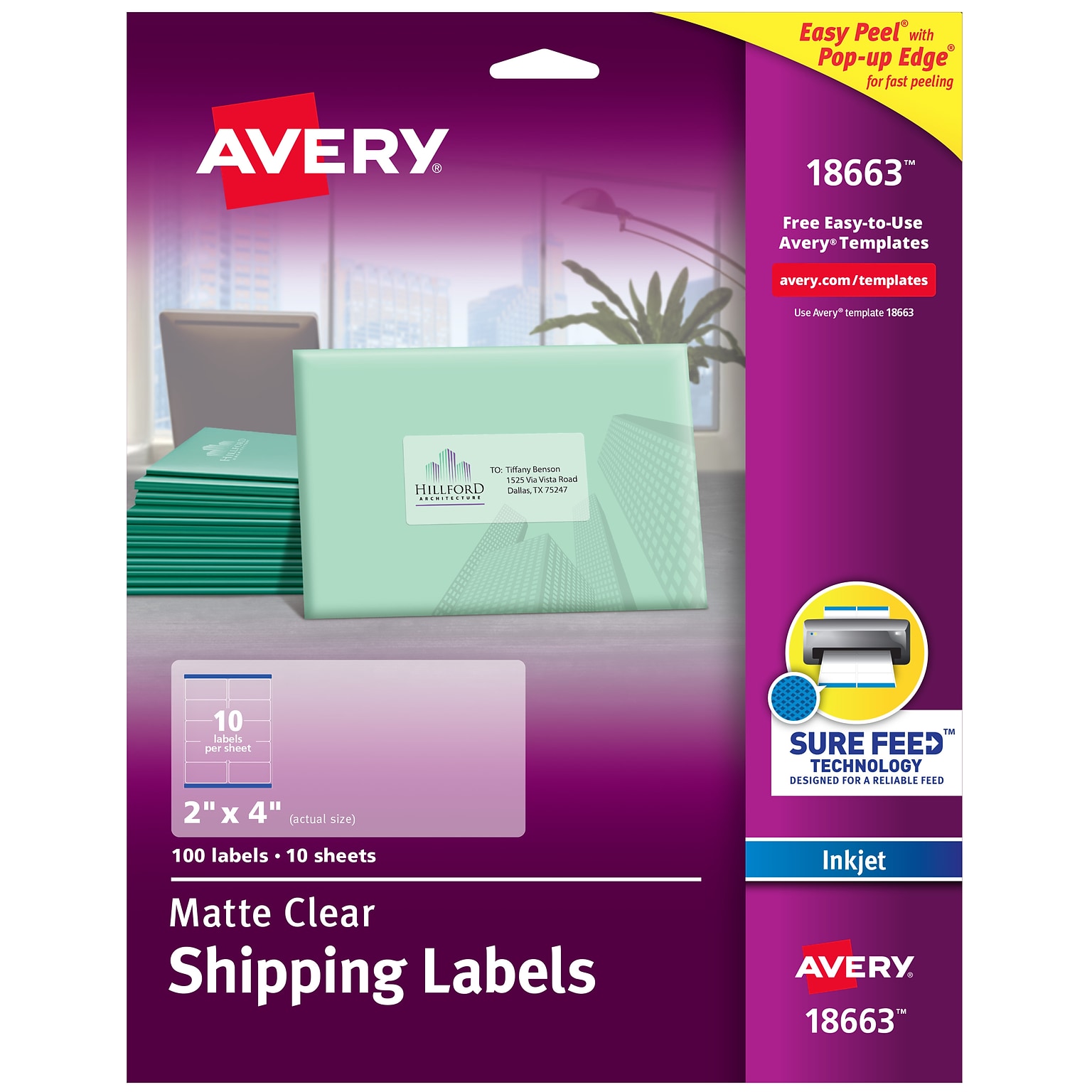 Avery Easy Peel Inkjet Shipping Labels, 2 x 4, Clear, 10 Labels/Sheet, 10 Sheets/Pack (18663)