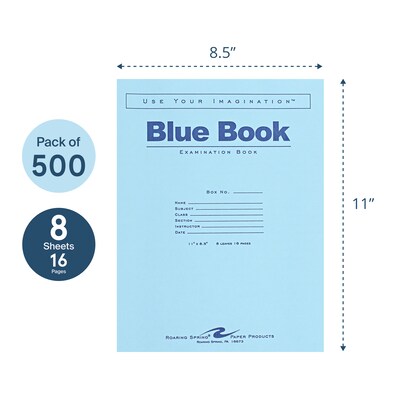Roaring Spring Paper Products Exam Notebooks, 8.5" x 11", Wide Ruled, 8 Sheets, Blue, 500/Case (77517CS)