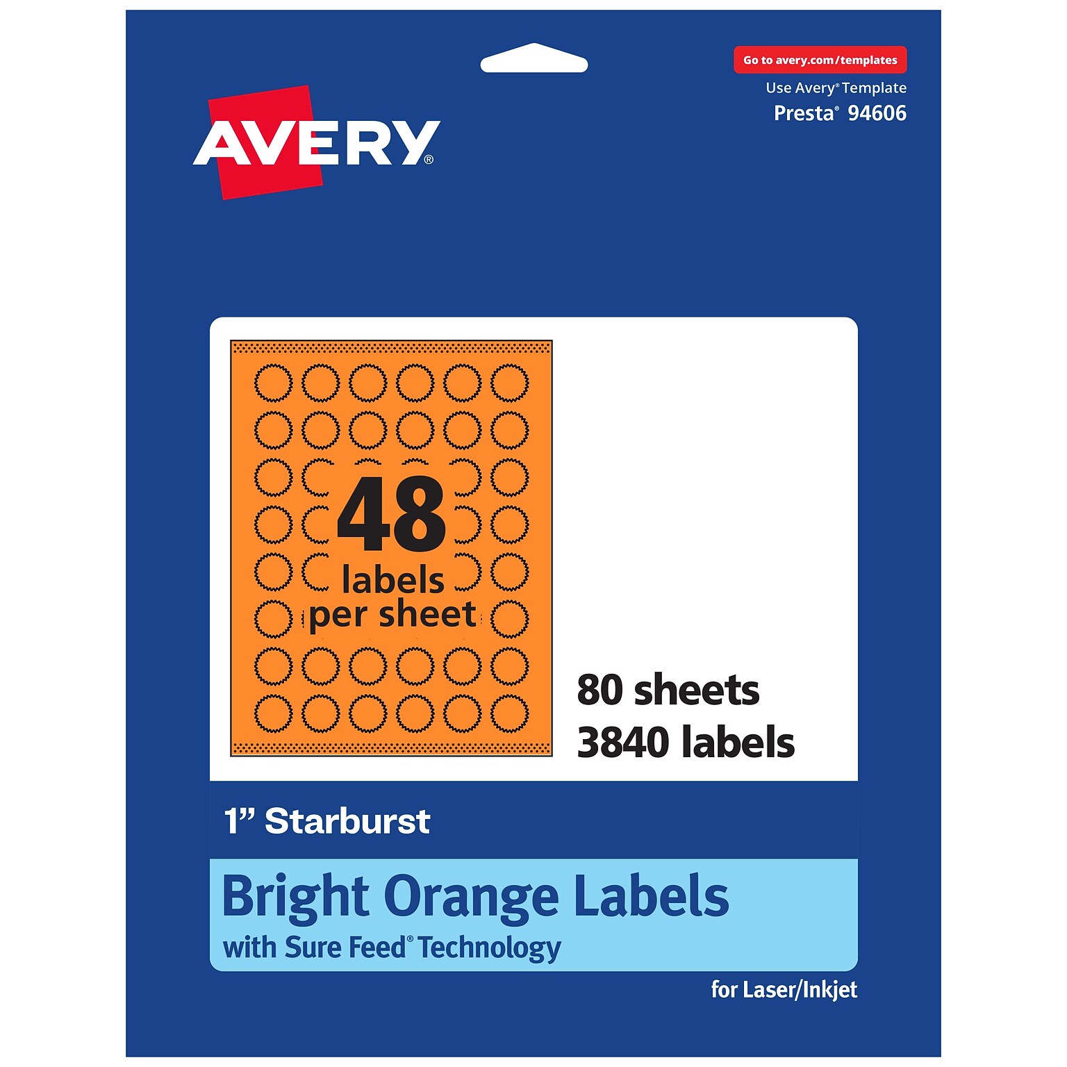 Avery Burst Multipurpose Labels, 1, Bright Orange, 3840/Box (94606)