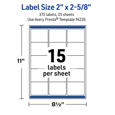 Avery Waterproof Rectangle Laser Multipurpose Labels, 2" x 2-5/8", White, 375/Pack (19479399289)