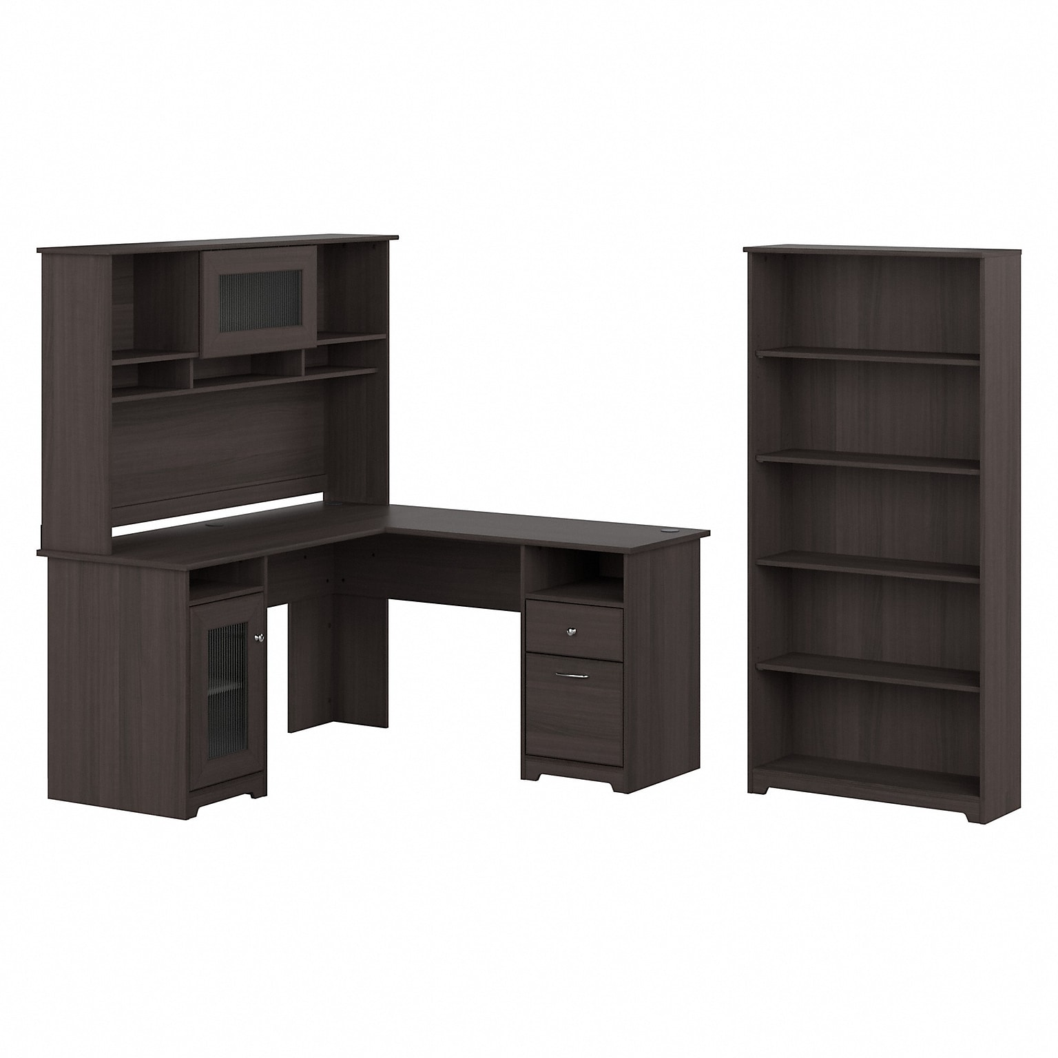 Bush Furniture Cabot 60W L Shaped Computer Desk with Hutch and 5 Shelf Bookcase, Heather Gray (CAB011HRG)