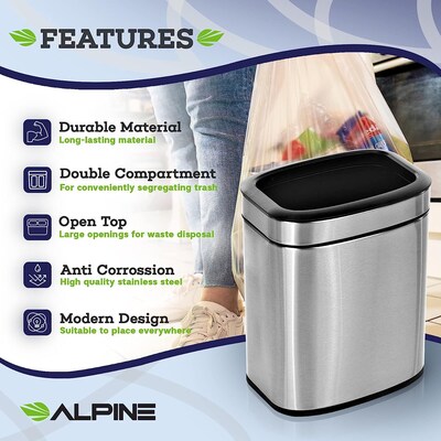 Alpine Industries Stainless Steel Indoor Trash Can with Liner, 2.6 Gallon, Silver (470-10L)