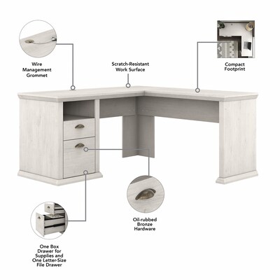 Bush Furniture Yorktown 60"W L Shaped Desk with Hutch, Linen White Oak (YRK001LW)