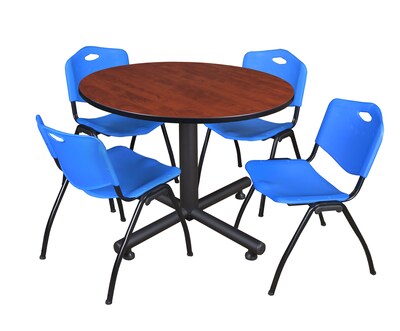 Regency 48 Round Table Cherry & Kobe Base with 4-M Stacker Chairs, Blue TKB48RNDCH47BE)