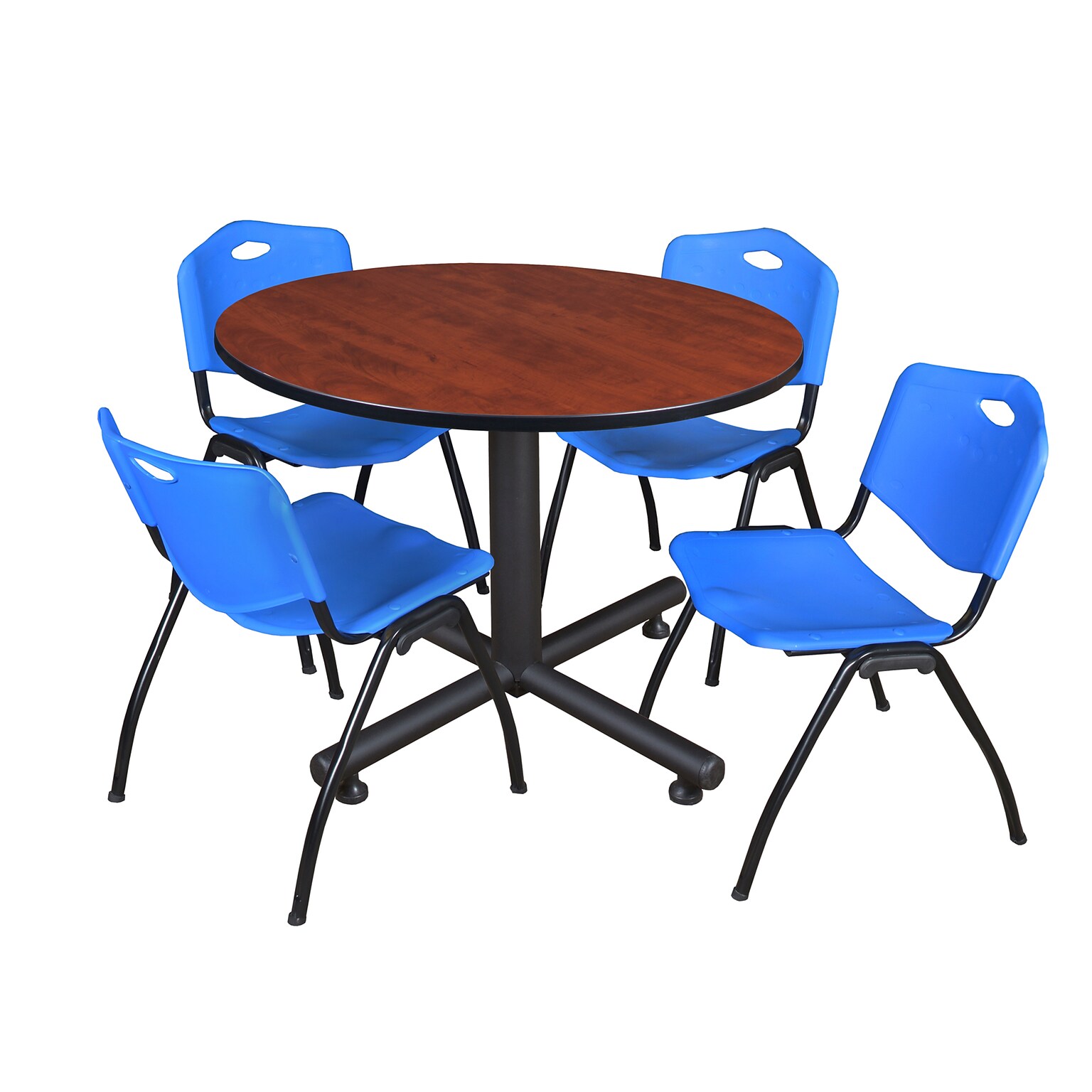 Regency 48 Round Table Cherry & Kobe Base with 4-M Stacker Chairs, Blue (TKB48RNDCH47BE)