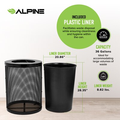 Alpine Industries 4460 Steel Mesh Trash Can with Flat Lid, 36 Gallon, Black (ALP4460-01-A)