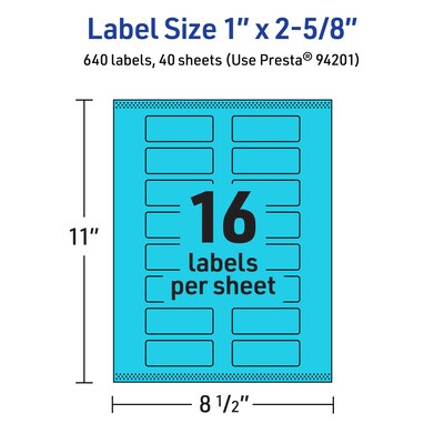 Avery Printable Rectangle Multipurpose Labels, 1" x 2-5/8", Bright Blue, 640/Pack (94201)