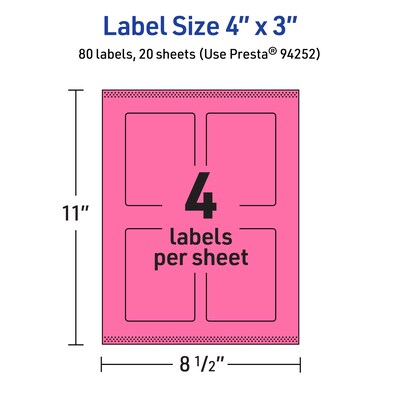 Avery Laser/Inkjet Rectangle Multipurpose Labels, 4" x 3", Bright Pink, 80/Pack (94252)