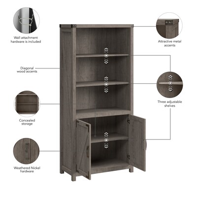 Bush Furniture Knoxville 72"H 5-Shelf Bookcase with Doors, Restored Gray (CGB132RTG-03)