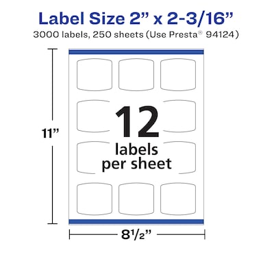 Avery Laser/Inkjet Square Multipurpose Labels, 2" x 2.1875", White, 3000 Labels/Box (94124)
