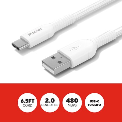 Staples TECH USB-C to USB-A Charging Cable, 6.5 ft., White (ST62338)