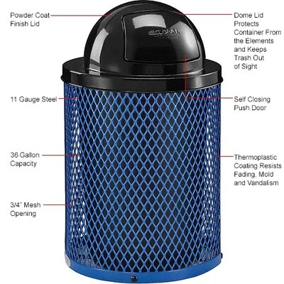 Global Industrial Outdoor Steel Diamond Trash Can w/ Dome Lid, 36 Gallon, Blue (261948BL)