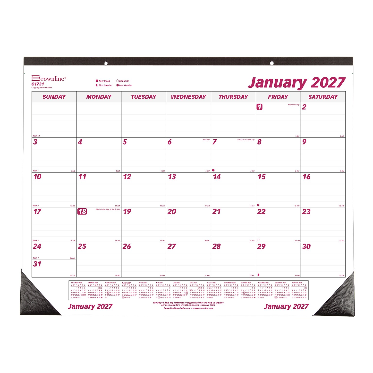 2027 Brownline Classic 22 x 17 Monthly Desk Pad Calendar, White/Burgundy (C1731-27)