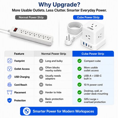 Uncaged Ergonomics Cube 5-Outlet 4-USB Port Surge Protector, 10', White (PC-W-C)